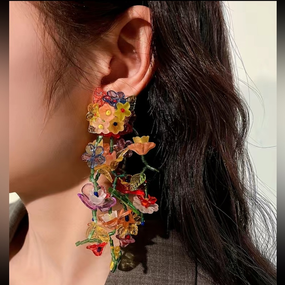 Large Floral Vine Acrylic Japanese Earrings Jewelry Multi Color